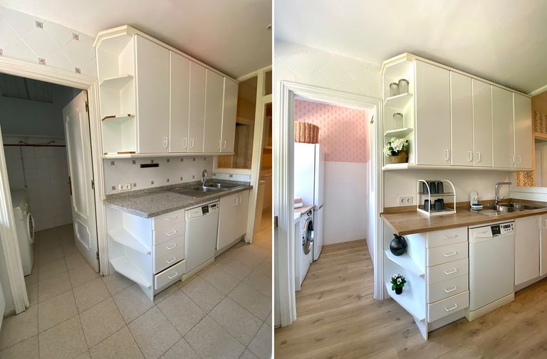 Antes y después del suelo vinílico para cocina